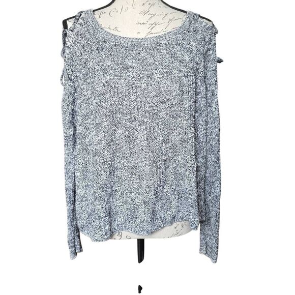 Express Women's Size Medium Black White Marled Lace Up Cold Shoulder Sweater - Picture 1 of 5